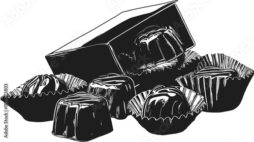 A black and white illustration of chocolates, some in ruffled paper cups, and one overturned