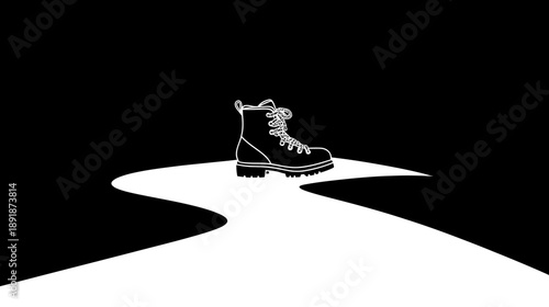 A white illustration of a hiking boot sits on a winding white path, set against a black backdrop
