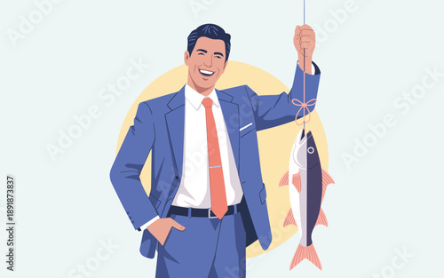 Man in suit holding a large fish with a fishing rod, smiling confidently with one hand in pocket