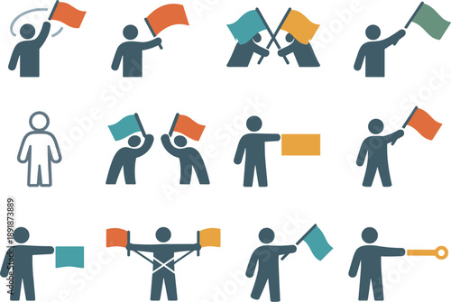 Flat vector icons of flag positions: diagonal-high ring, left-up arc, paired angle stripe, diagonal-low bar, neutral stance