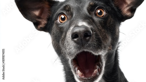 Surprised black and white dog with wide eyes and open mouth on white background.
