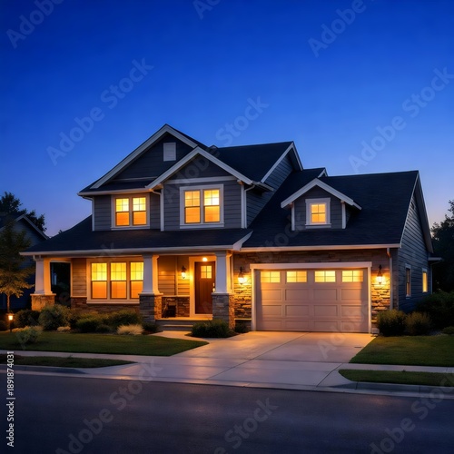 Suburban Family House at Night Exterior