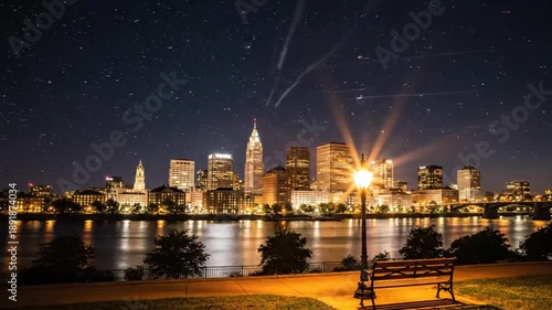 Time-lapse of the Hartford Connecticut skyline at dusk with the night sky filling with stars and city lights twinkling.