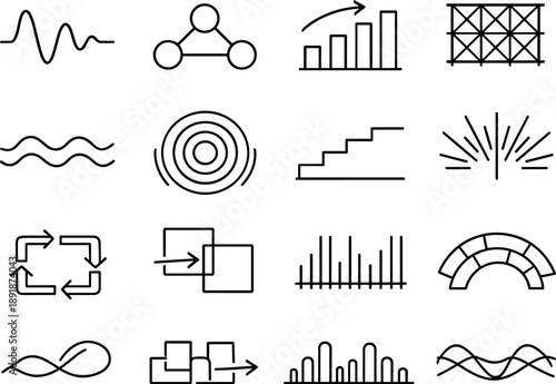 Line style vector icons of temporary and special-use signs: amplitude contour, sync node, feedback bar, pattern mesh, wave