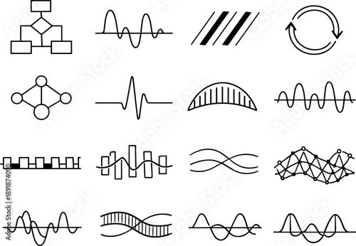 Line style vector icons of software development process requirements analysis: flow tile, amplitude tile, phase stripe, loop tile