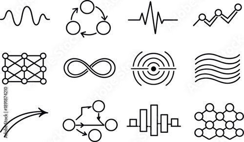 Line style vector icons of training and practice: wave bar, cycle node, pulse band, variation line, phase mesh, loop ring,