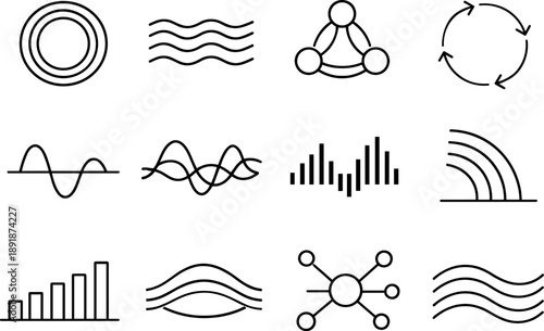 Minimalist Icon Grid. Line style vector icons of seasonal moods: resonance ring, phase stripe, flow node, cycle ring, phase line,