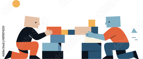 Second abstract geometric figure appears nearby linking and aligning layered blocks with first figure as early collaborative