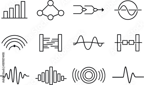 Line style vector icons of file folder system folder structure: frequency bar, amplitude node, flow line, phase node, timing arc,