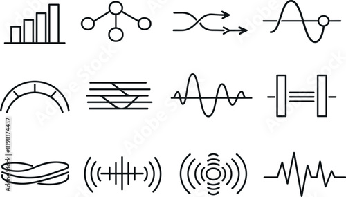 Line style vector icons of file folder system folder structure: frequency bar, amplitude node, flow line, phase node, timing arc,
