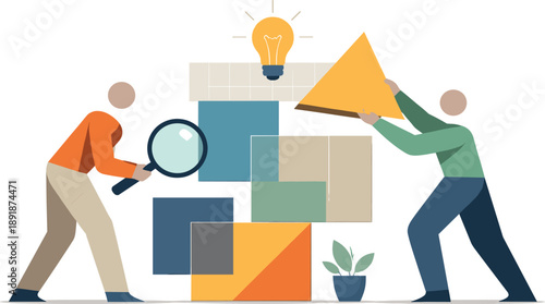 Two abstract geometric figures interconnect and reposition overlapping shapes into structured planes emphasizing emerging clarity