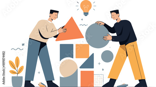 Second abstract geometric figure appears nearby aligning and refining shapes with first figure as early collaborative process