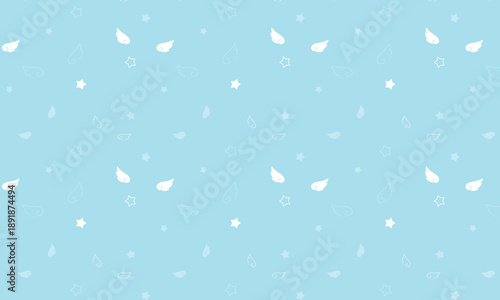 天使のはねと星マーク柄が並ぶ青い壁紙