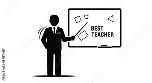 A teacher presenting at a whiteboard with text black silhouette