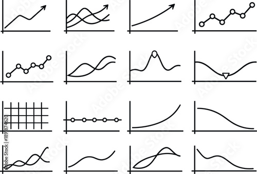 Line style vector icons of data visualization line charts: line graph, multiple lines, trend line, time series, data points,