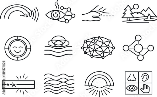Line style vector icons of multisensory integration: scent + sound arc (abstract), aroma–visual node, tactile cue line,
