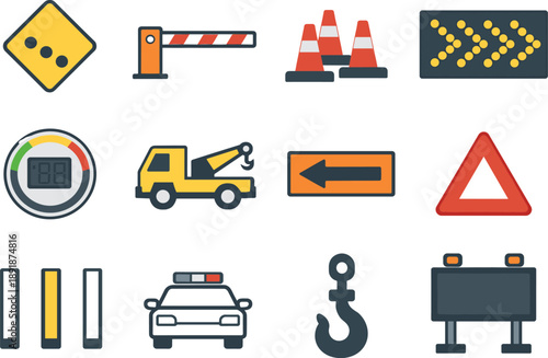 Flat vector icons of traffic management: slow-down cue, barrier arm, incident cone cluster, arrow matrix board, variable speed