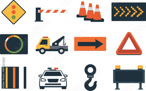 Flat vector icons of traffic management: slow-down cue, barrier arm, incident cone cluster, arrow matrix board, variable speed
