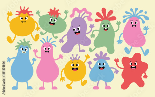 Vibrant cartoon characters dancing and playing together in a lively scene from a top-down viewpoint