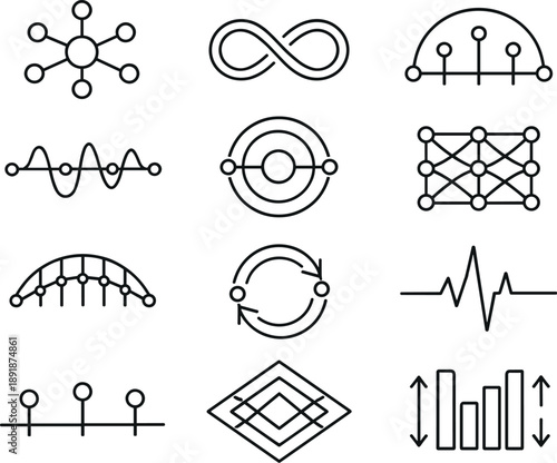 Line style vector icons of cyber security cloud protection: modulation node, loop band, timing arc, modulation line, frequency