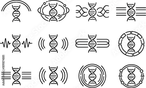 Line style vector icons of DNA-based perfume concept: phase arc, resonance ring, rhythm contour, sync bar, pulse arc, sync arc,