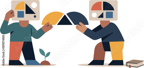 Geometric Thoughts Aligned. Second abstract geometric figure appears nearby adjusting and connecting internal shapes with first