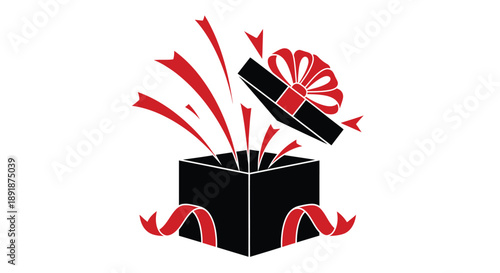 Surprise gift box opening with red ribbons a striking silhouette