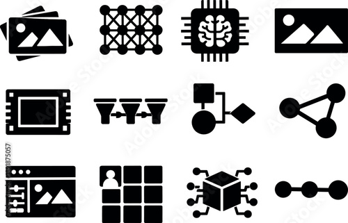 Solid vector icons of AI for image analysis: image dataset, neural grid, AI processor, photograph, camera sensor, data pipeline,