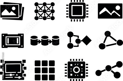 Solid vector icons of AI for image analysis: image dataset, neural grid, AI processor, photograph, camera sensor, data pipeline,