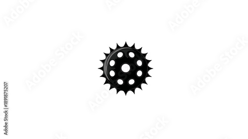 A black, cogwheel-like shape with sharp teeth and circular holes against a white background