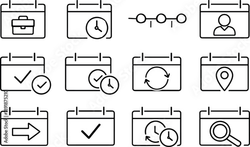 Line style vector icons of business calendar icons: business, workday, schedule, timeline; appointment, booking, slot, session;