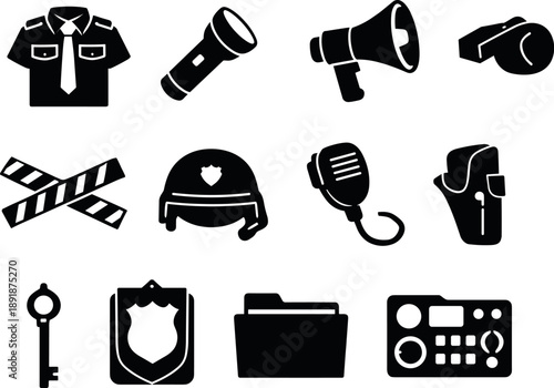 Solid vector icons of police station: police uniform, flashlight, megaphone, whistle, police tape, patrol helmet, radio