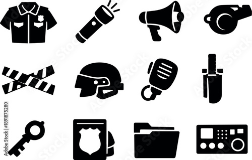 Solid vector icons of police station: police uniform, flashlight, megaphone, whistle, police tape, patrol helmet, radio