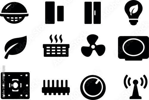 Solid vector icons of smart thermostat: motion sensor, door sensor, window sensor, energy saver, eco mode, filter indicator, fan