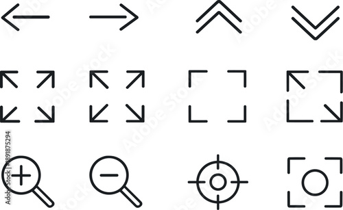 Line style of Mobile UI controls vector icons: arrowleft, arrowright, chevronup, chevrondown; expand, collapse, fullscreen, exit;