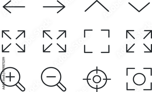 Line style of Mobile UI controls vector icons: arrowleft, arrowright, chevronup, chevrondown; expand, collapse, fullscreen, exit;