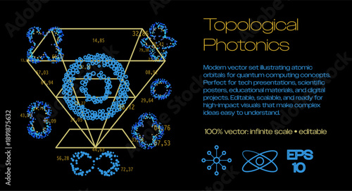 Topological photonics concepts with dotted atomic orbitals, geometric polyhedral structures, numbers, and quantum shapes on black background. Conceptual vector illustration for topological photonics.