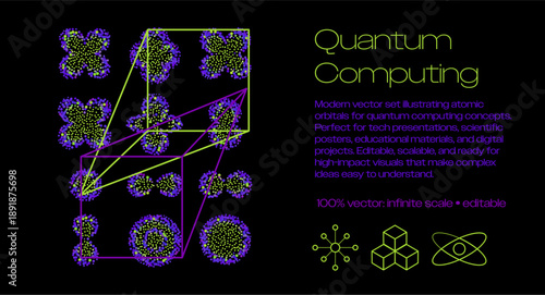 Purple green atomic orbitals, particle clouds, geometric frames, atom cube orbit icons on black. Conceptual vector illustration for quantum computing, qubits, physics, futuristic tech, and science..