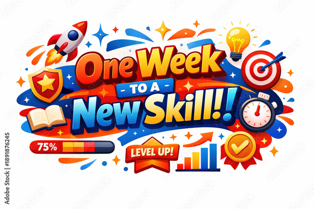 Fototapeta premium Colorful text with rocket, shield, book, lightbulb, target, clock, progress bar, graph, checkmark.