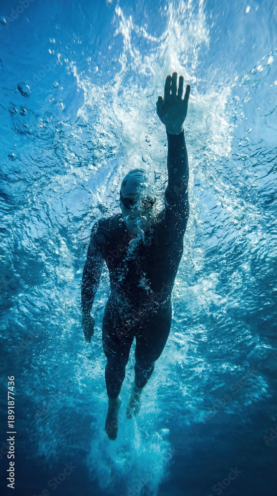 Fototapeta premium A triathlete in a wetsuit swims front crawl surrounded by bubbles. Conceptual image of leadership, resilience and forward progress suitable for business and sports themes.