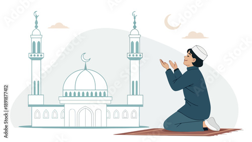 Couple exchanging a gift near a yellow car, set against a backdrop of Islamic architecture and Ramadan symbols.