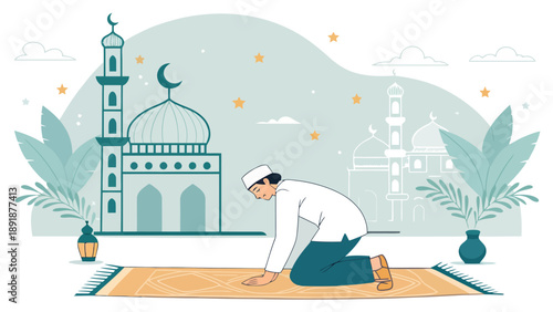 Woman in hijab using smartphone near a light green car, with Ramadan motifs and Islamic landmarks in the background.