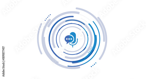 Blue speech bubble icon surrounded by concentric circles on white background.