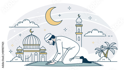 Man in prayer on a mat, with a stylized mosque in the background, showcasing Islamic spirituality and peace.