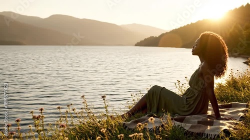 Wallpaper Mural Serene woman sitting by lake at sunset enjoys calm and peaceful moment with beautiful scenery Torontodigital.ca