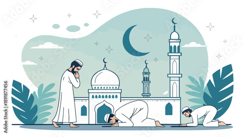 Group of Muslim men praying in unison before a large mosque at dawn, a scene of collective worship and spiritual community.