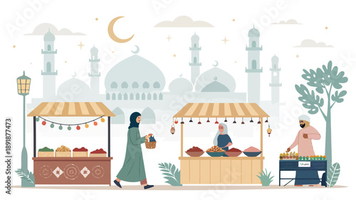 Bustling marketplace outside a mosque during Ramadan or Eid, featuring vendors selling fruits and sweets, with lanterns and festive decorations.