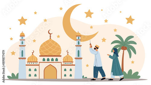 Muslim couple walking towards a grand mosque under a large crescent moon and stars, symbolizing faith and journey.
