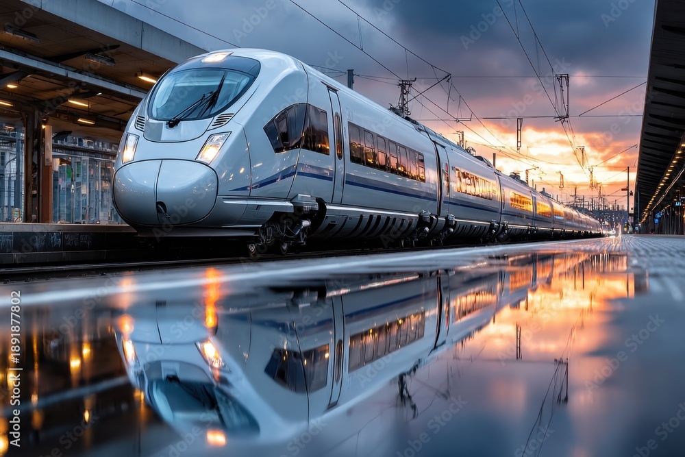 Fototapeta premium Modern High Speed Train at Station Sunset Reflection