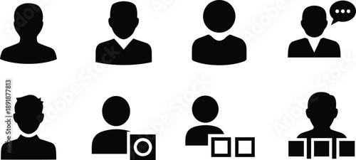 Human Figure and Profile Shapes in Solid Form. User and Identity Icon Collection for Interface and App Design. Social Interaction Theme